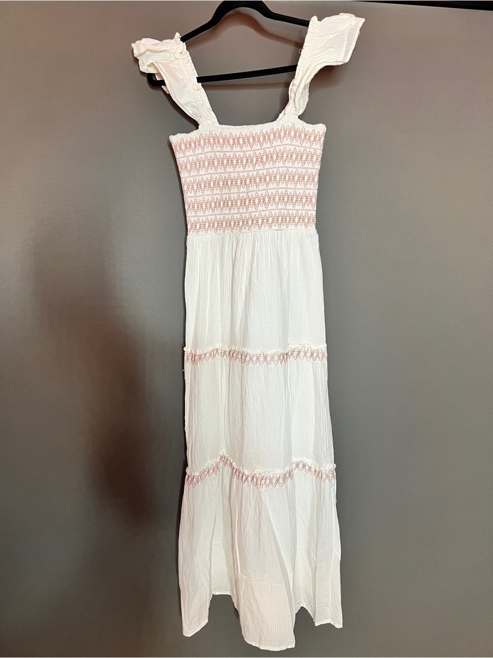 White Maxi Dress with Pink Smocked Detail